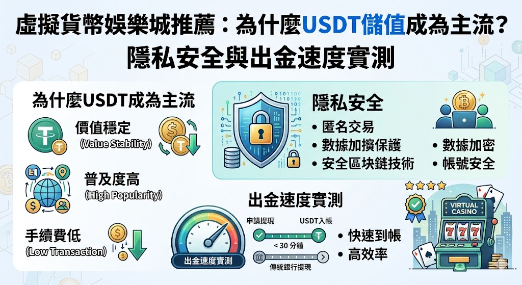虛擬貨幣娛樂城在 2026 年已成為博弈市場的主流，其中 USDT（泰達幣）儲值更是深受玩家青睞的核心管道。USDT 脫穎而出的關鍵在於其穩定的 1:1 美元價值，有效規避了加密貨幣劇烈的波動風險。在隱私安全方面，透過虛擬貨幣錢包進行轉帳，玩家無需上傳身分證件或綁定銀行卡，實現了真正的「免實名」投注，大幅降低個資洩漏與金流被監測的風險。實測顯示，USDT 透過 TRC-20 等高效能網路，出金速度平均在 10 至 30 分鐘內即可入帳，遠快於傳統銀行轉帳。此外，區塊鏈技術的去中心化特性確保了每筆交易透明且不可竄改，為玩家提供了最高等級的資金保障。選擇虛擬貨幣娛樂城，不僅是追求科技感，更是為了享受極速、隱密且無國界的數位博弈新體驗。