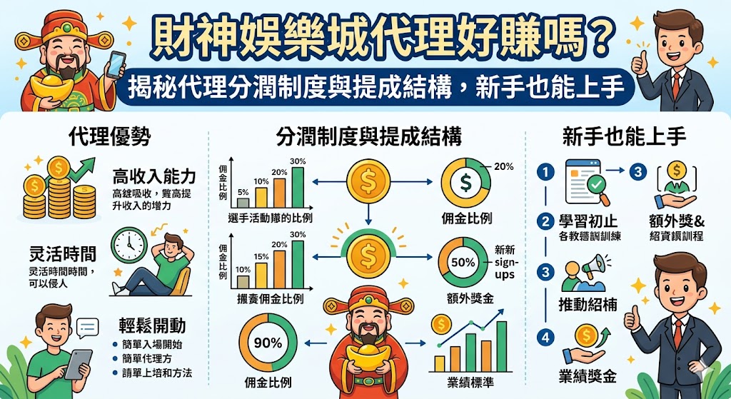 成為財神娛樂城代理是否好賺，關鍵在於理解其多層次的「分潤制度」與「提成結構」。通常代理獲利主要來自下線玩家的輸贏回扣（佔比約 25% 至 45% 不等），以及有效投注額的水錢返還。新手上手的門檻相對較低，官方通常會提供獨立的後台管理系統，讓代理能即時監控下線活動與業績報表。提成結構多採階梯式設計，當下線活躍人數與總洗碼量達到特定指標時，分潤比例也會隨之調升，形成良性的收益增長。對於初學者而言，前期需投入時間經營社群或開發人脈，建立穩定的玩家群體。只要掌握市場推廣技巧並挑選信用良好的平台，代理不僅能創造被動收入，更能透過靈活的經營模式在競爭激烈的博弈市場中分得一杯羹，是一項兼具彈性與高回報潛力的副業選擇。