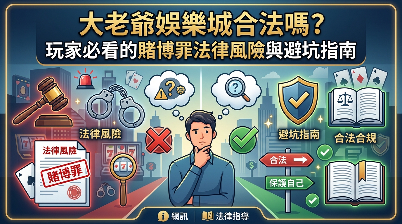 這張圖片是一張 16:9 的 SEO 文章縮圖，主題圍繞線上娛樂城的合法性與賭博罪風險。 畫面中央是一名正在思索的男子，周圍搭配法槌、手銬、法律書籍與盾牌等元素，並以繁體中文醒目標示文章標題。